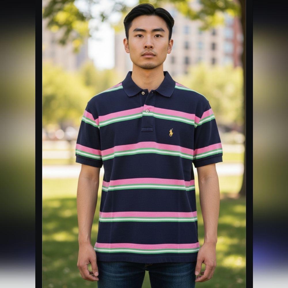 Ralph Lauren Polo 100% Cotton Men's Pink and Green Striped Shirt Size-Small